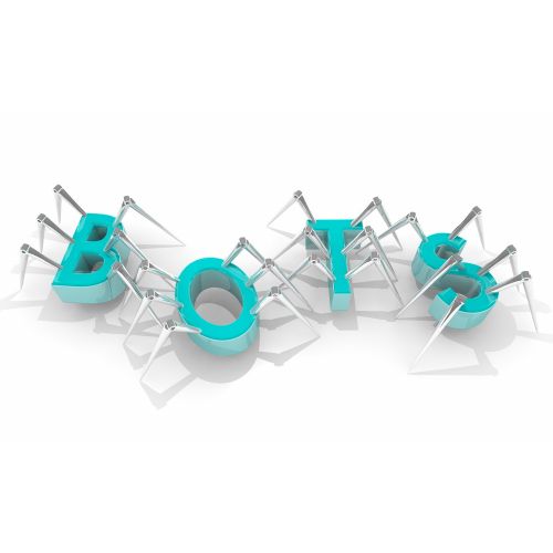 The word Bots in tourquoise blue, with chrome legs that look like spiders, representing GoogleBots