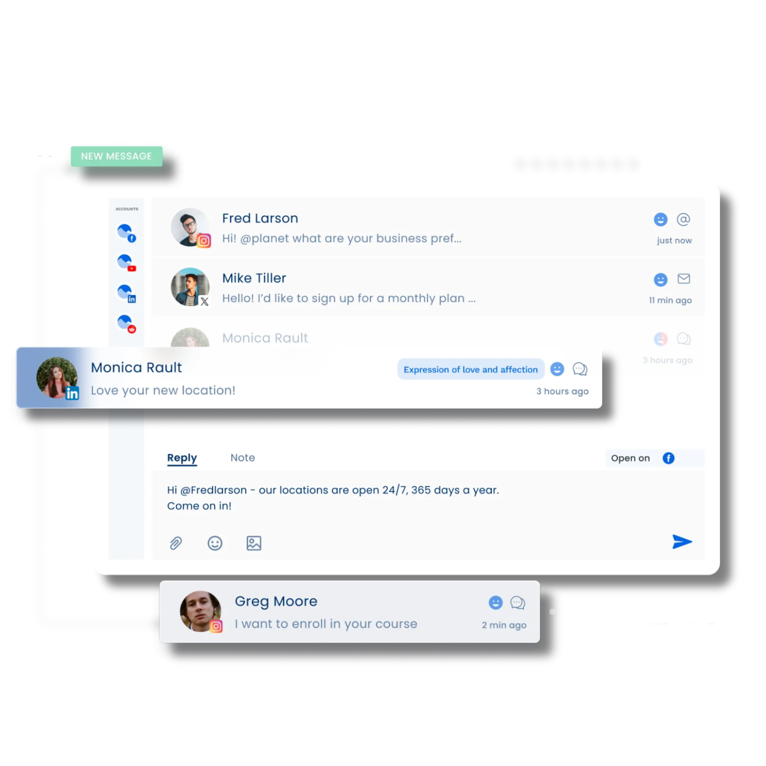 social media dashboard displaying messages