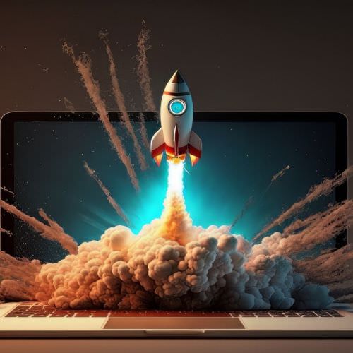 A rocket blasting off in front of a computer.