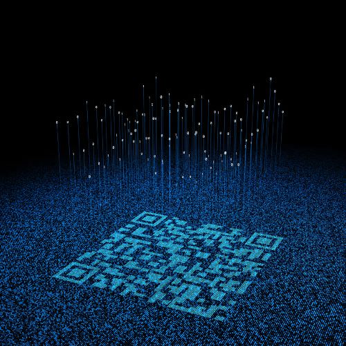 A futuristic looking qr code that appears like its in space.
